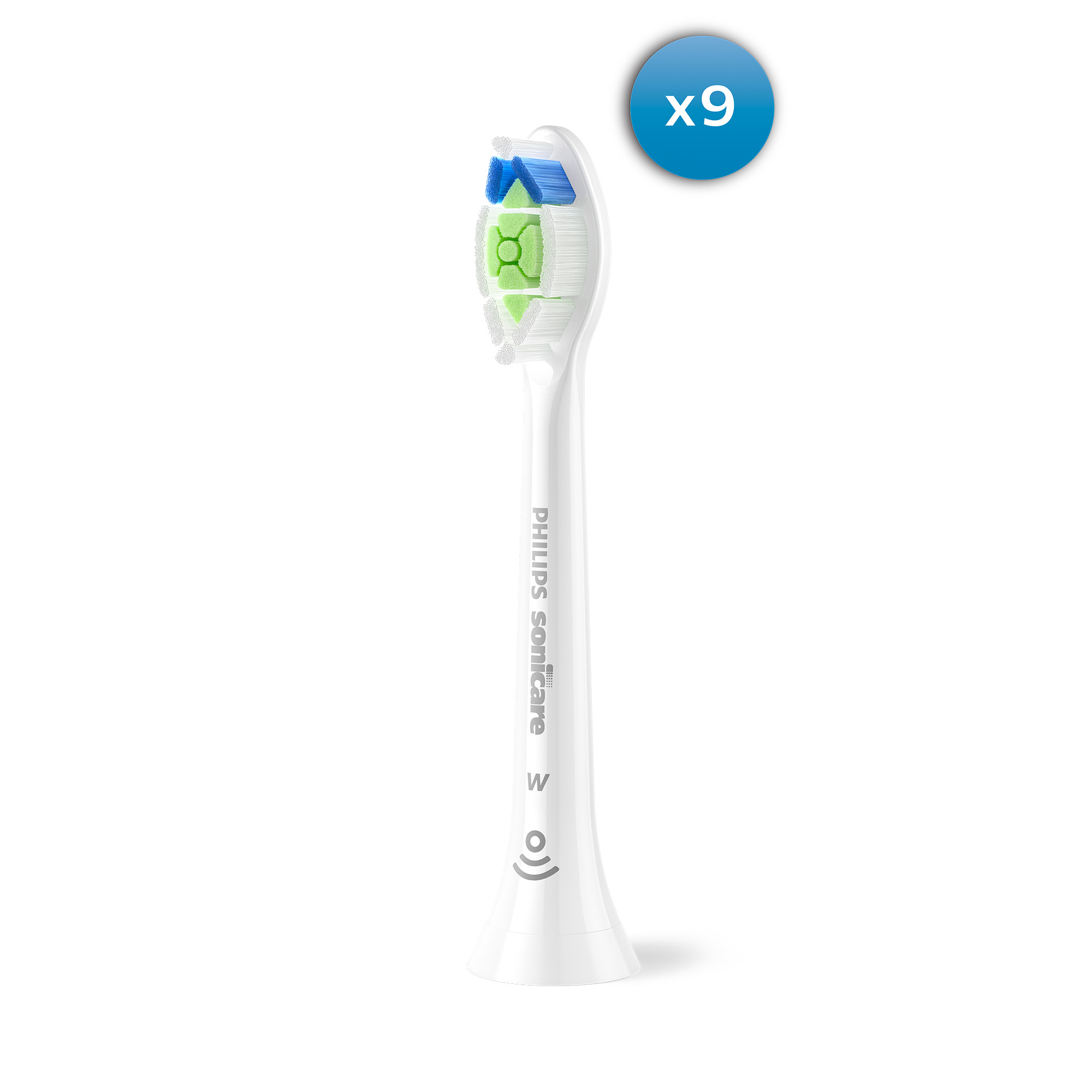 Cabezal de cepillo de dientes blanco Philips Sonicare con cerdas azules y verdes.