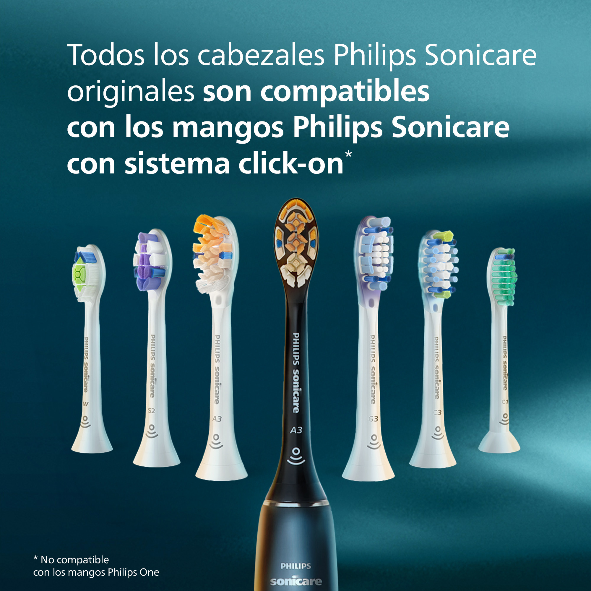 Varios cabezales de repuesto Philips Sonicare alineados sobre un fondo verde azulado.