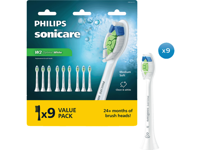 Recambio para cepillo dental Philips Sonicare HX6069/87, W2 Optimal White, Pack 9, blanqueamiento, 7x más placa, suavidad mediana, Blanco
