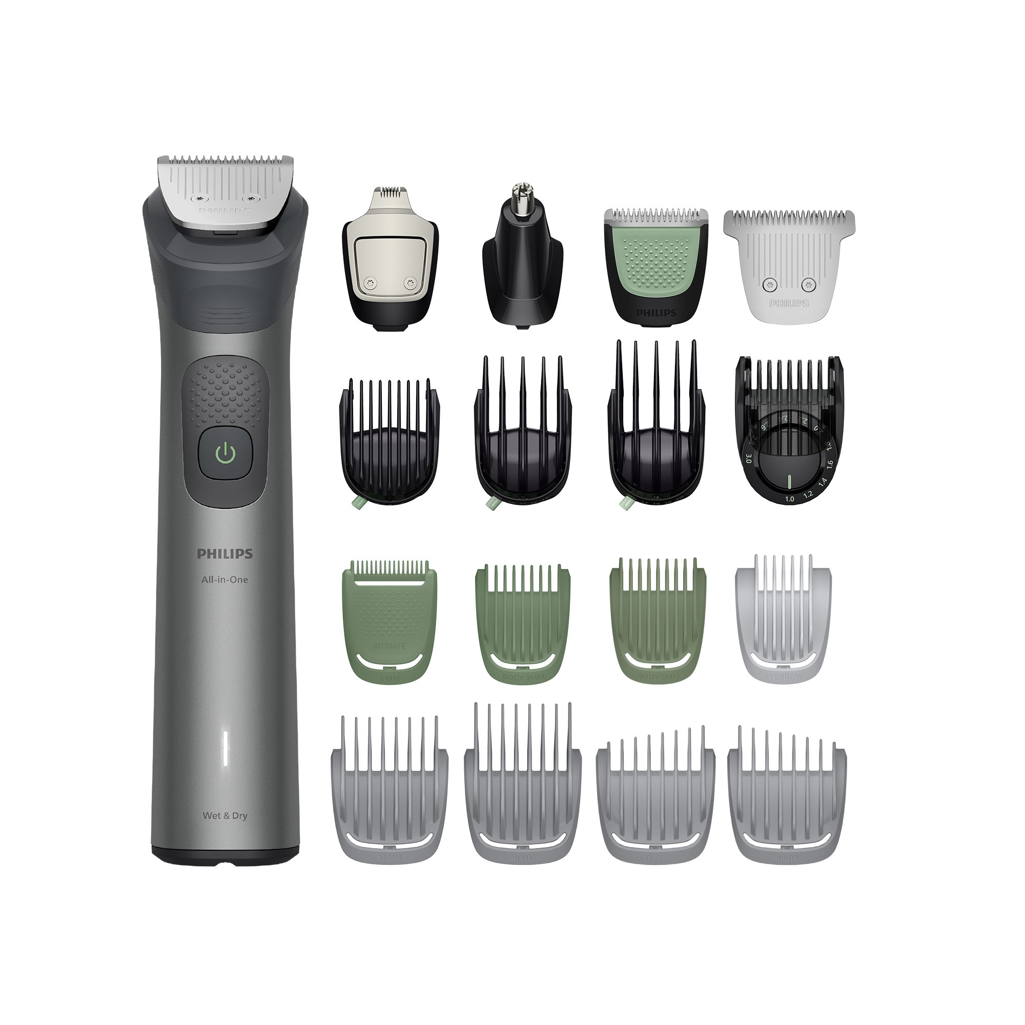 Recortadora Philips All-in-One gris con varios accesorios y cuchillas sobre fondo blanco.