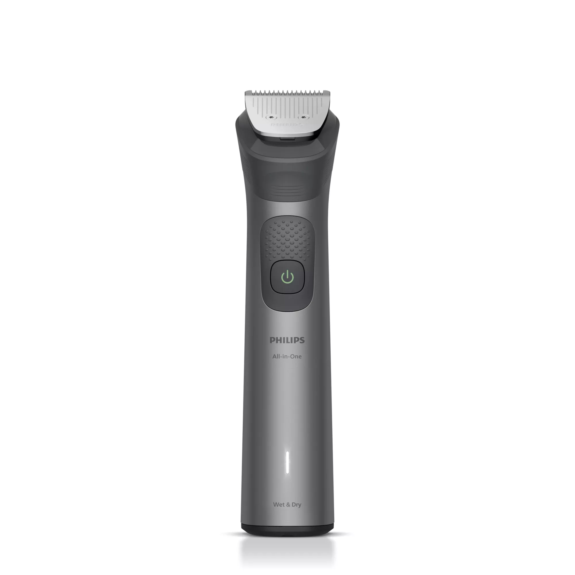 Recortadora Philips All-in-One gris con cuchilla plateada y botón de encendido.