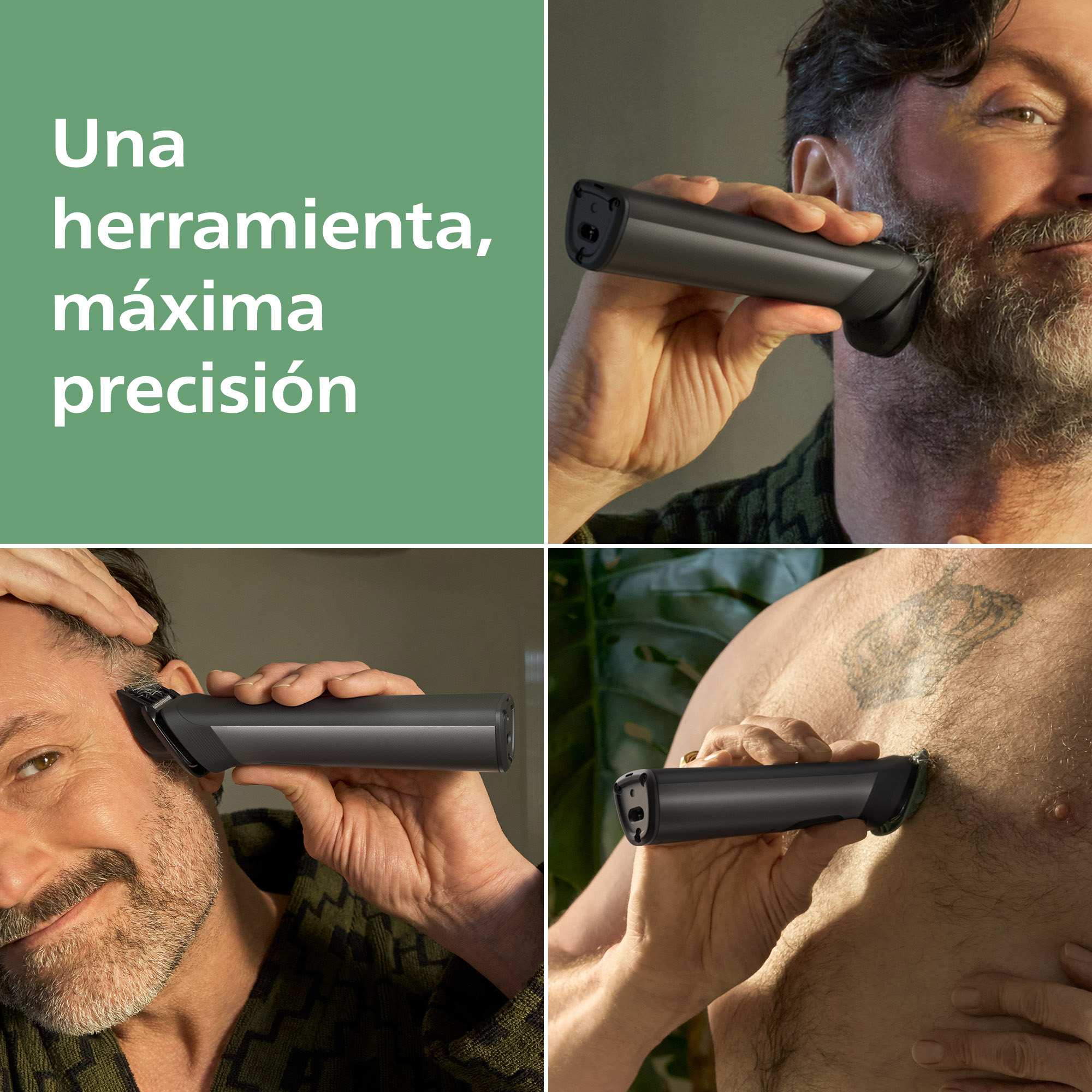 Un hombre se afeita la barba y el pelo con una recortadora negra, izquierda fondo verde con texto.