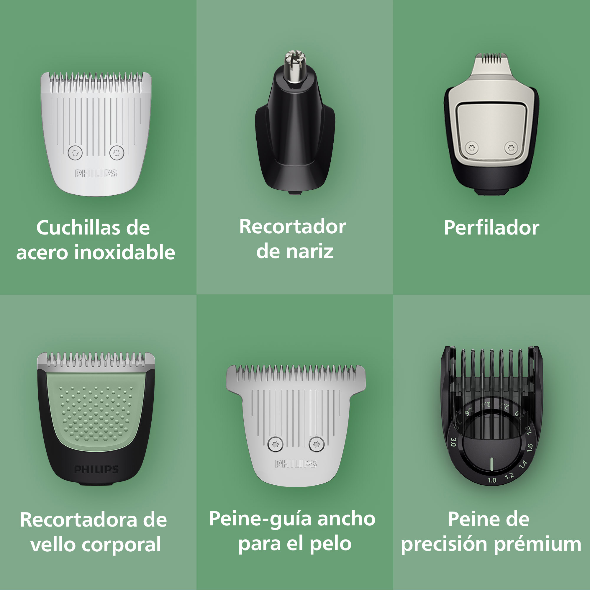 Seis accesorios recortadores Philips sobre fondo verde con etiquetas en español.