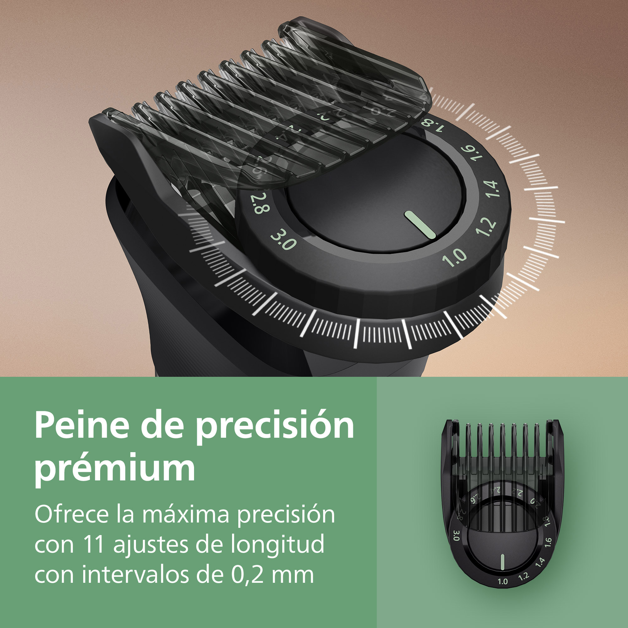 Peine de precisión con ajustes de longitud ajustables y escala para recortadora.