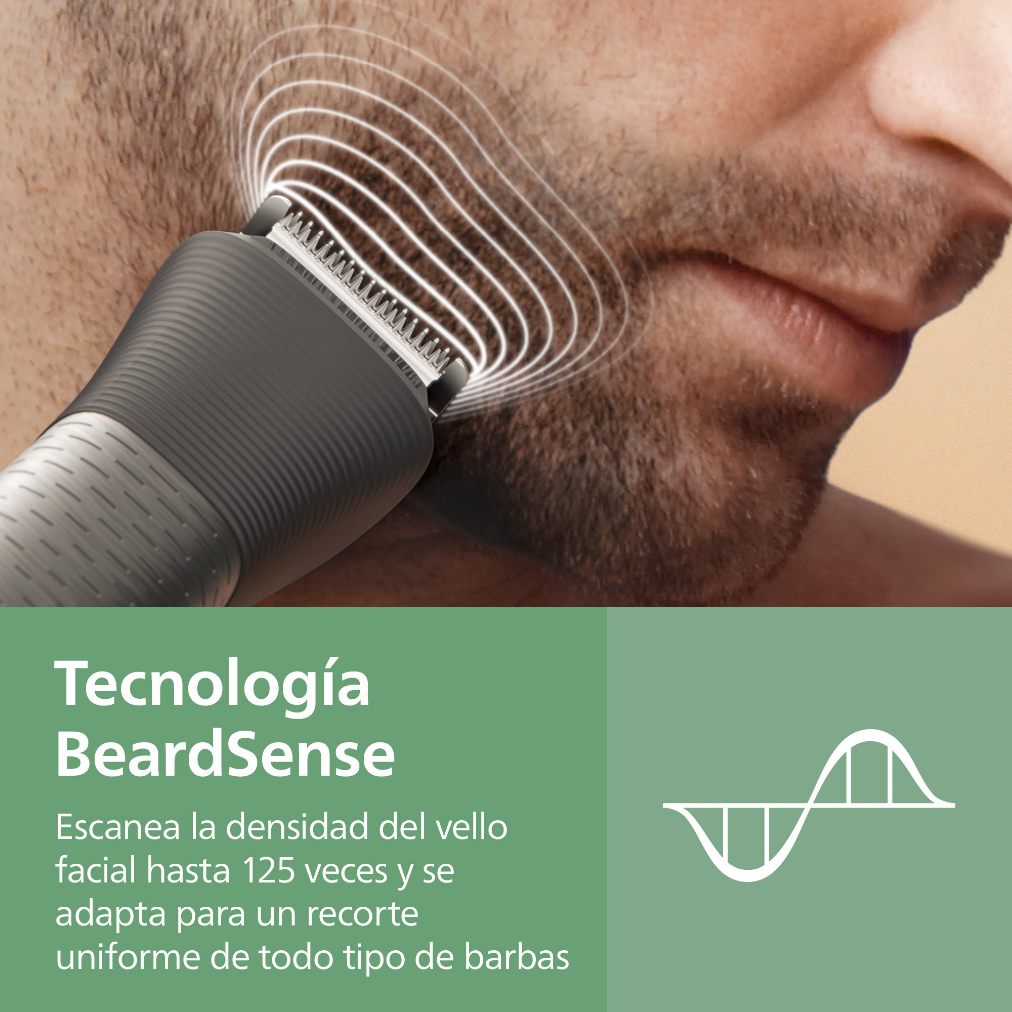 Recortadora de barba con ondas escaneando la densidad de la barba.