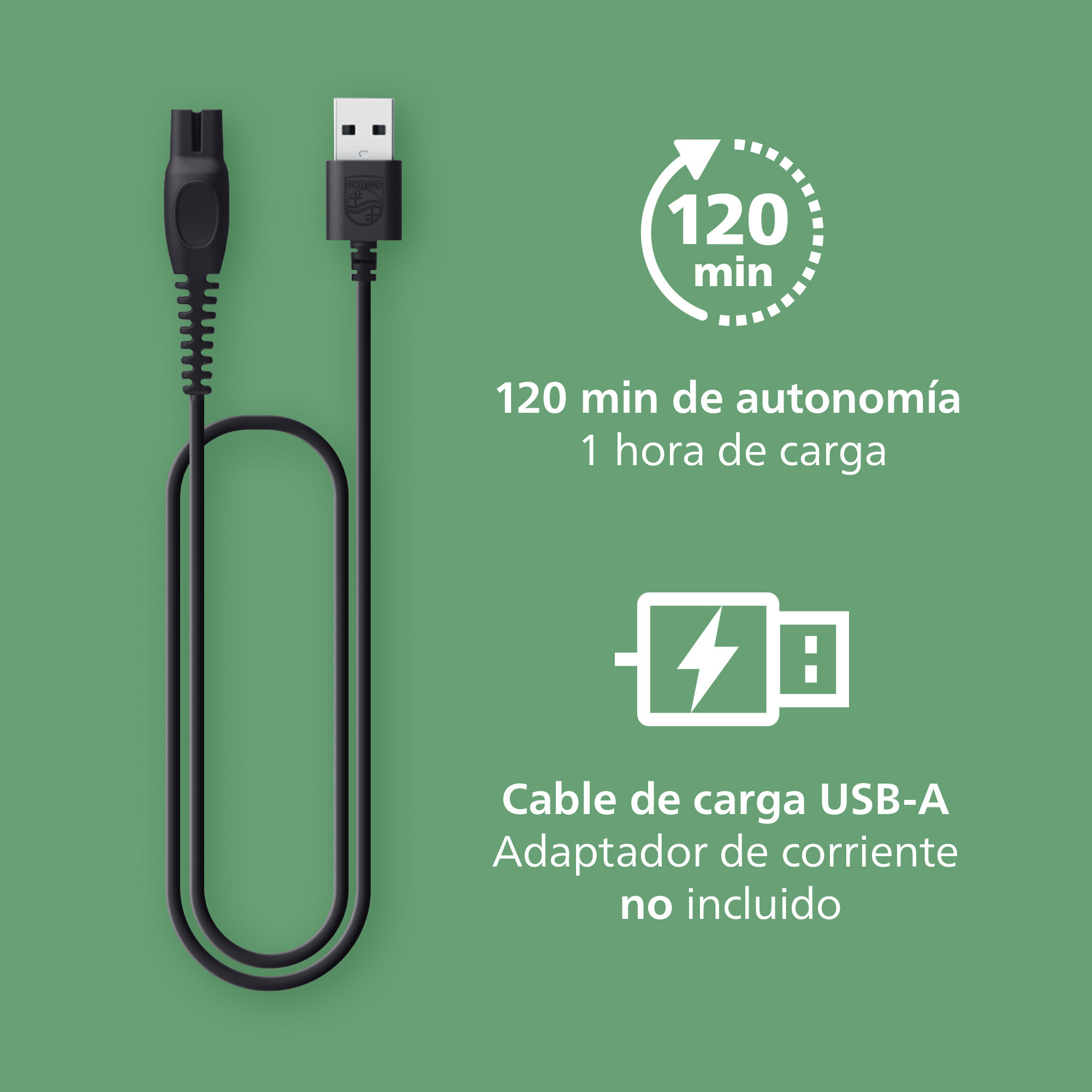 Cable de carga USB-A negro sobre fondo verde con texto e iconos.