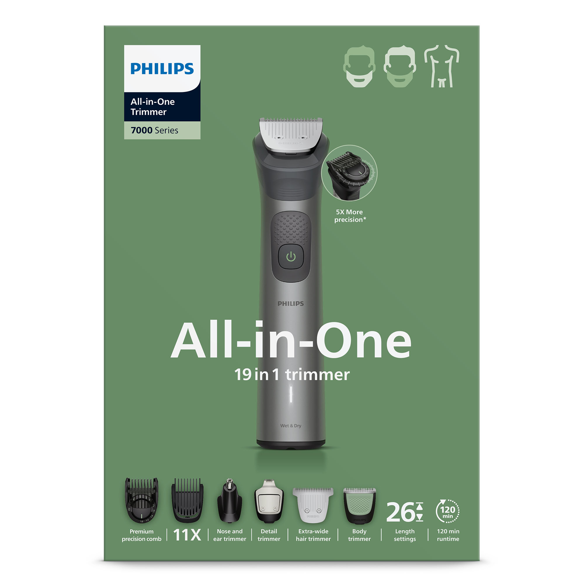 Recortador todo en uno Philips Serie 7000 19 en 1 en caja verde con accesorios.