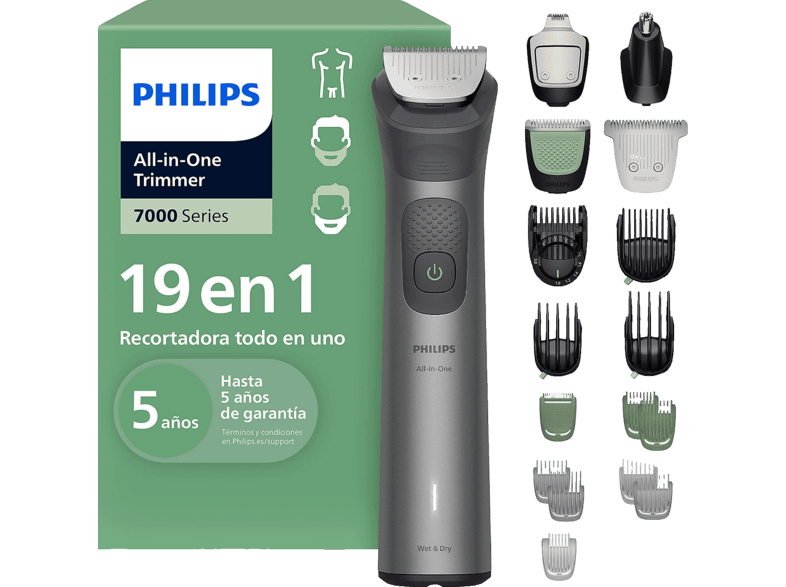 Afeitadora Corporal - Philips Series 7000 MG7952/15, 19 en 1, Cara, Pelo y Cuerpo, Precisión 0,2 mm, 120 min, Seco Mojado, Sin Cable