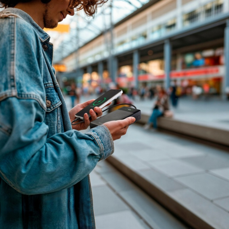 Osoba w dżinsowej koszuli ładuje smartfon za pomocą powerbanku na zewnątrz.