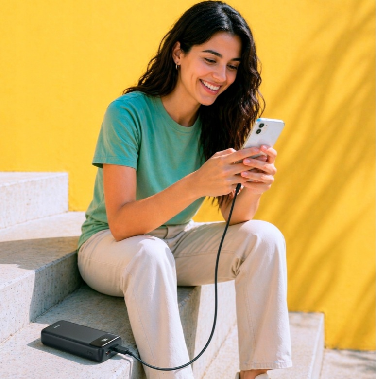 Uśmiechnięta kobieta siedzi na schodach i ładuje smartfon za pomocą powerbanku.