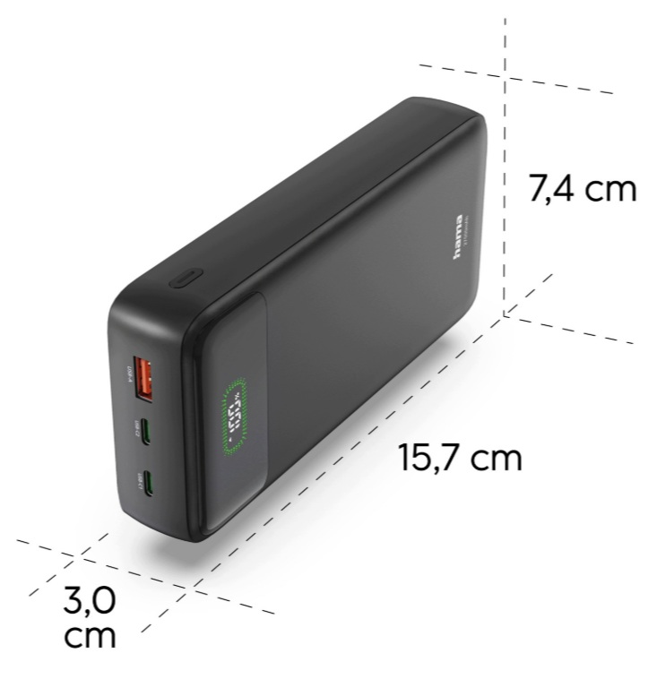 Czarny powerbank Hama o wymiarach 15,7 x 7,4 x 3,0 cm, z wyświetlaczem cyfrowym i portami USB.