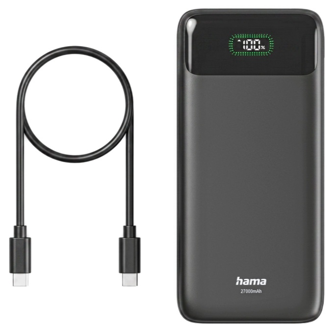Czarny powerbank Hama 27000mAh, wyświetlacz cyfrowy i kabel USB-C na białym tle.