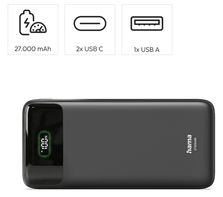Czarny powerbank Hama o pojemności 27 000 mAh, z wyświetlaczem, dwoma portami USB-C i jednym USB-A.