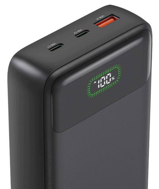 Czarny powerbank z cyfrowym wyświetlaczem procentowym i trzema portami.