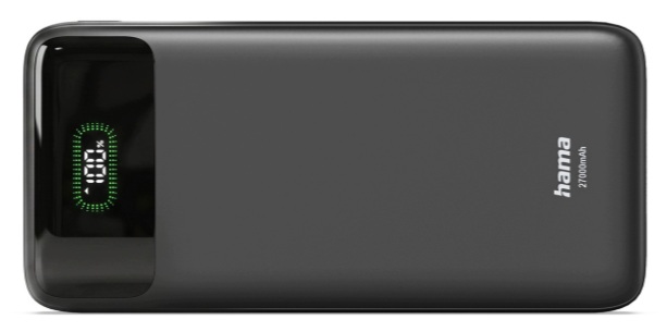 Czarny powerbank Hama 27000mAh z cyfrowym wyświetlaczem.