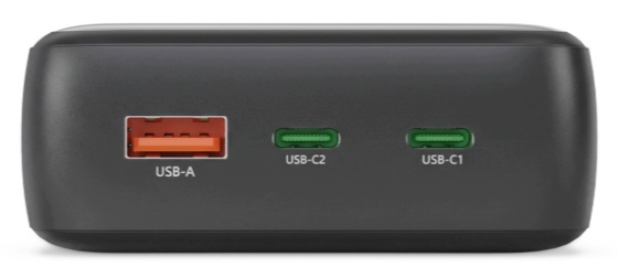 Czarna ładowarka z jednym pomarańczowym portem USB-A i dwoma zielonymi portami USB-C.