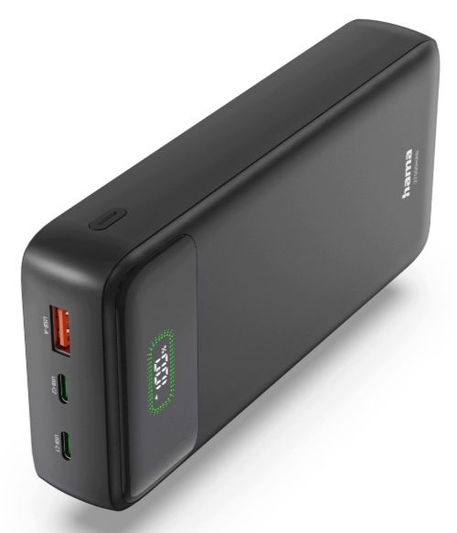 Czarny powerbank z cyfrowym wyświetlaczem procentowym i trzema portami na białym tle.