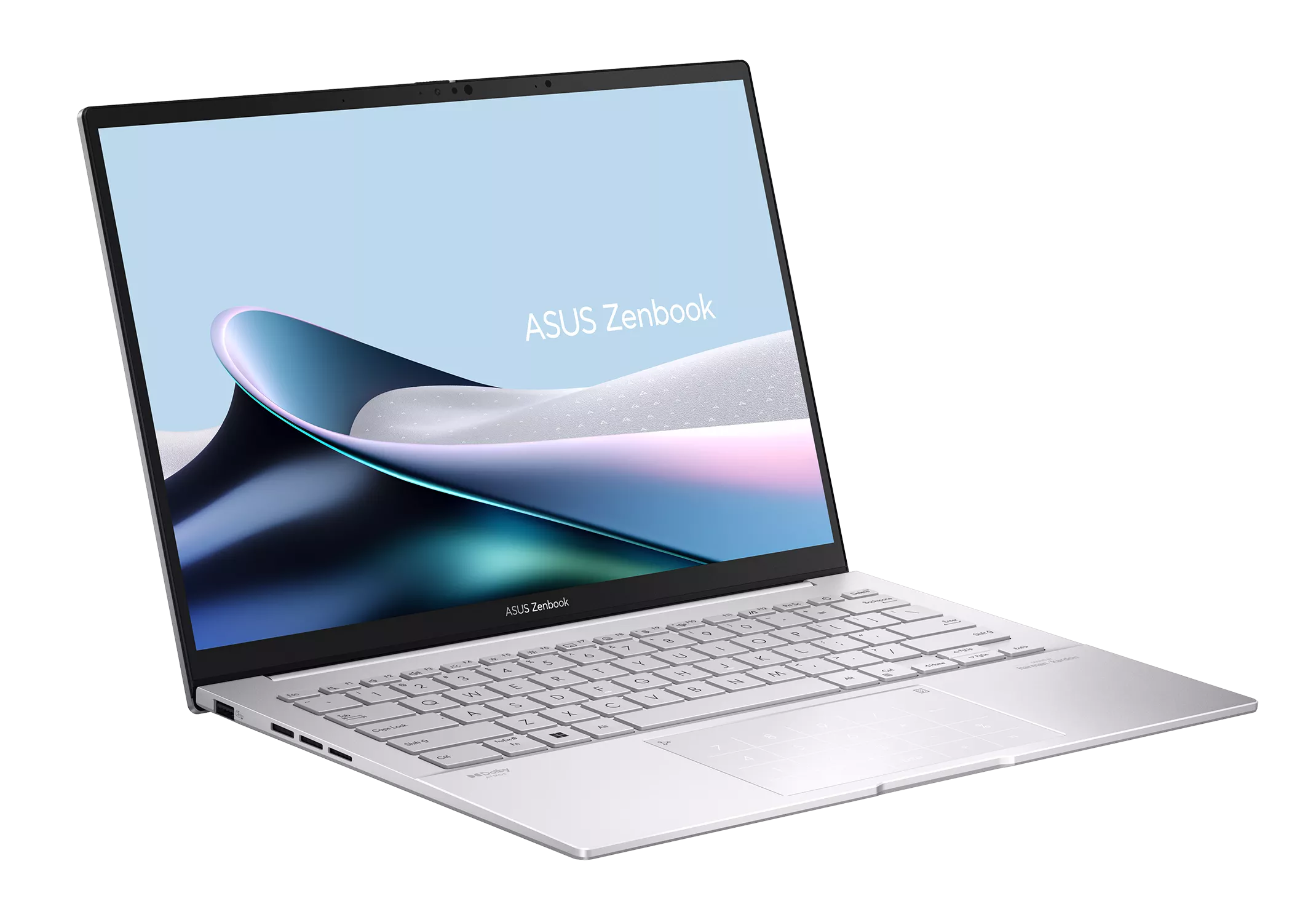 Srebrny laptop ASUS Zenbook na czarnym tle z abstrakcyjną niebieską tapetą na ekranie.