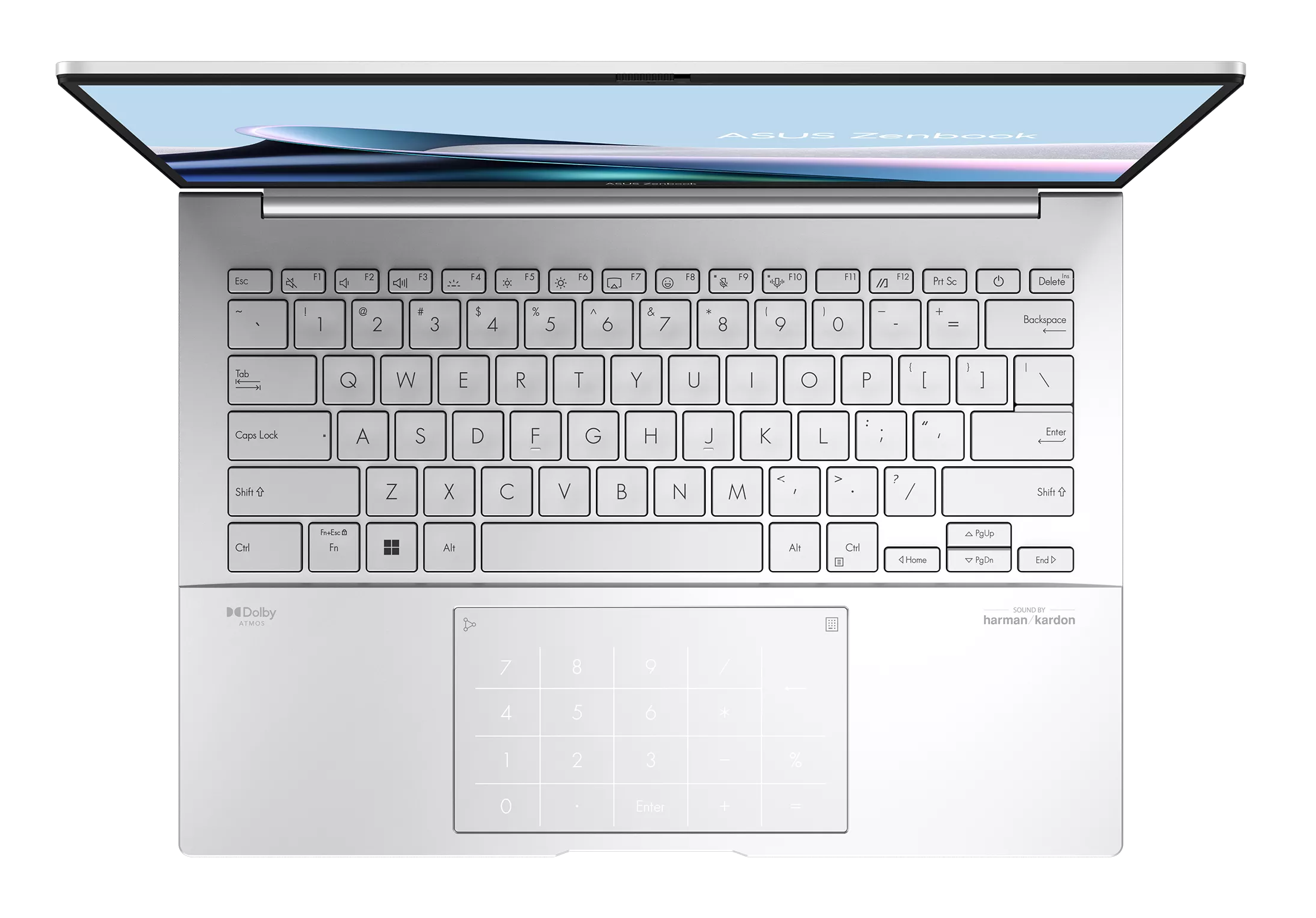 Srebrny laptop od góry: klawiatura QWERTY, podświetlany NumberPad na touchpadzie i ekran.