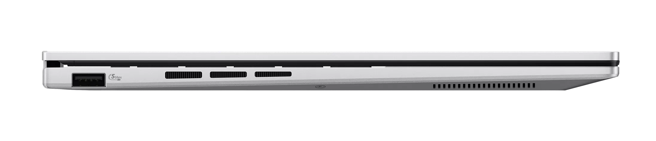 Widok z boku srebrnego laptopa z portem USB i szczelinami wentylacyjnymi na czarnym tle.