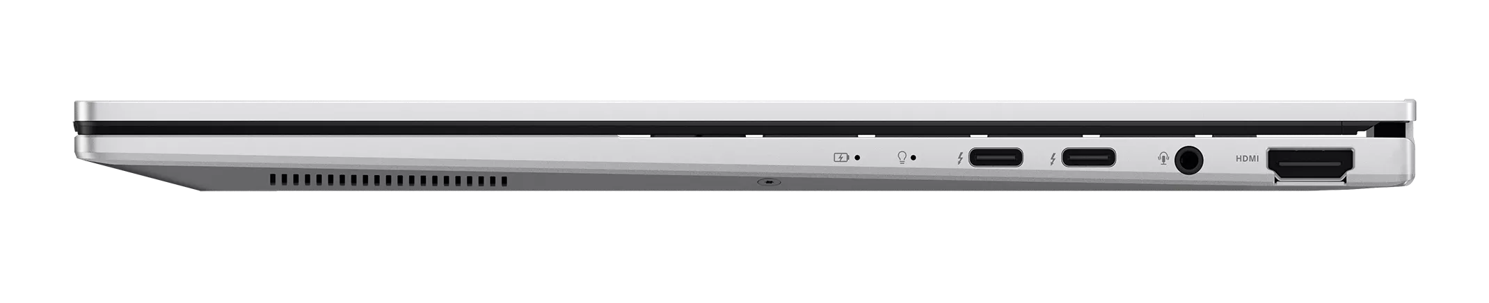 Widok z boku srebrnego laptopa z portami USB-C, gniazdem słuchawkowym i portem HDMI.