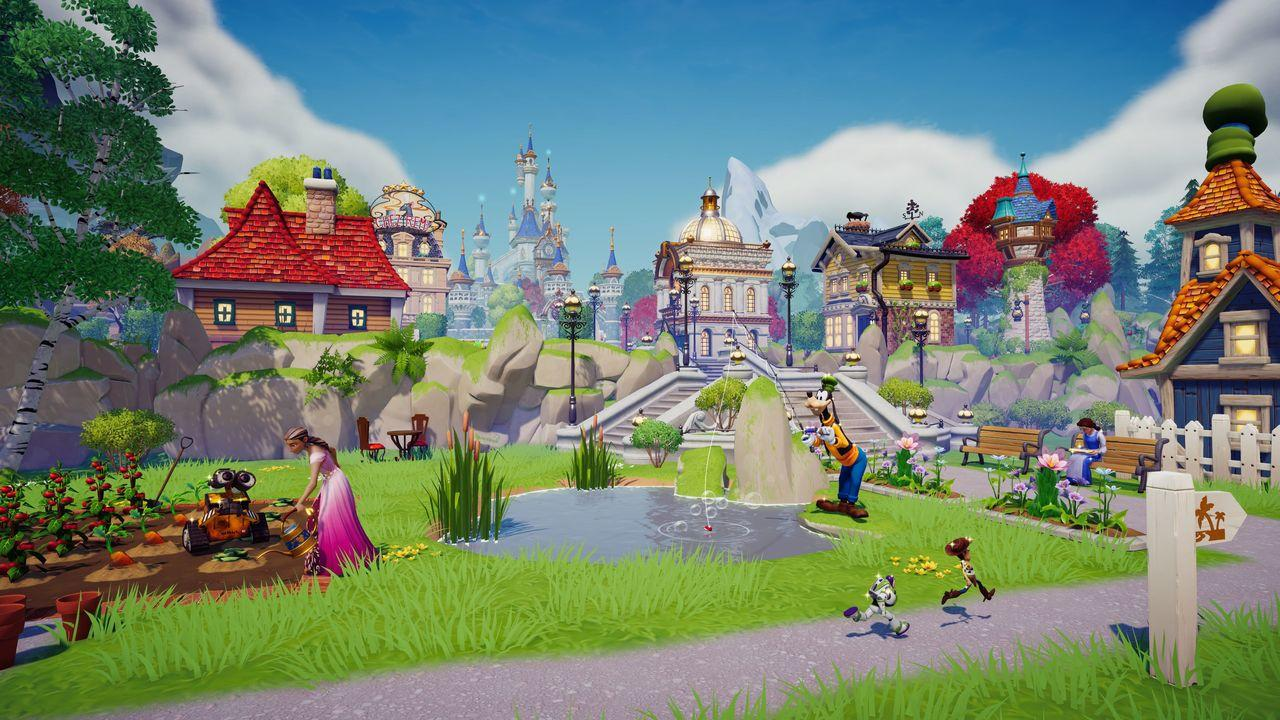 Bunte Disney-Welt mit Charakteren wie Goofy beim Angeln, WALL-E beim Gärtnern und bunten Häusern im Hintergrund.