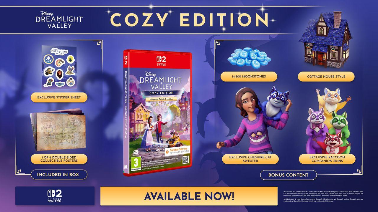 Werbebild für die Disney Dreamlight Valley Cozy Edition mit Spielbox, Stickern, Postern und Boni.