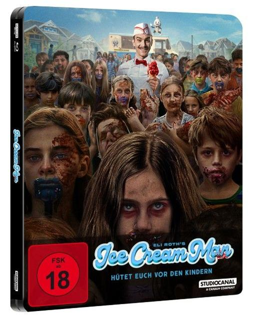 Filmplakat von Ice Cream Man mit Kindern mit blutigen Gesichtern um einen Eismann in einem Wohngebiet.