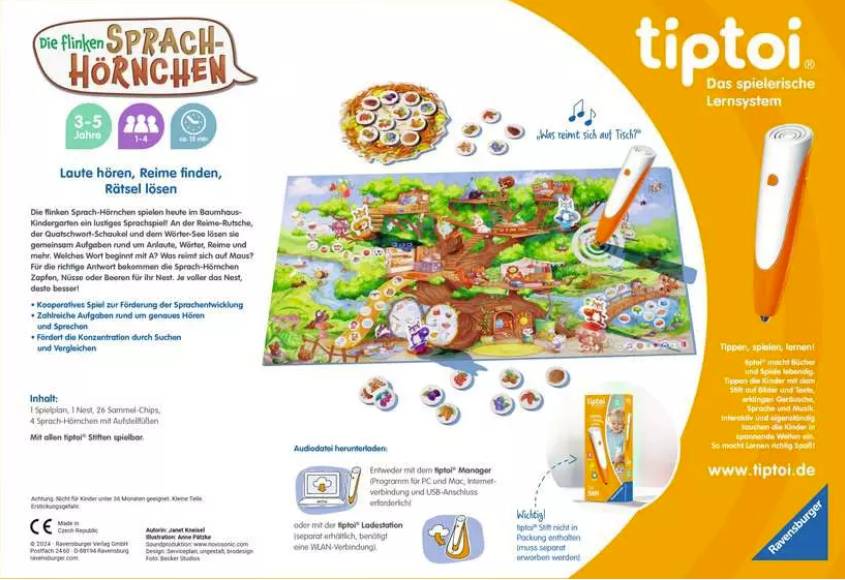 Verpackung des Tiptoi-Spiels Die flinken Sprach-Hörnchen mit Spielplan, Stift und kleinen Chips auf gelbem Grund.