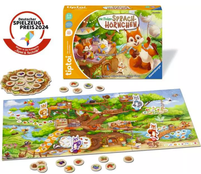 Tiptoi Brettspiel "Die flinken Sprach-Hörnchen" mit buntem Spielbrett, Pappfiguren und runden Plättchen.