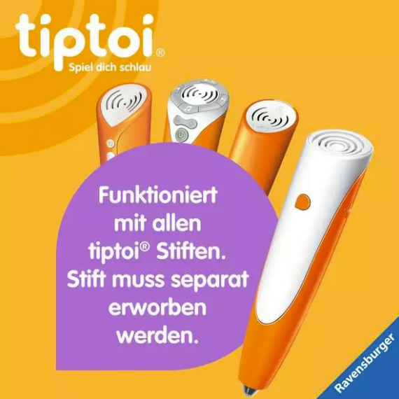 Vier Tiptoi-Stifte vor gelbem Hintergrund mit Hinweis zur Kompatibilität.