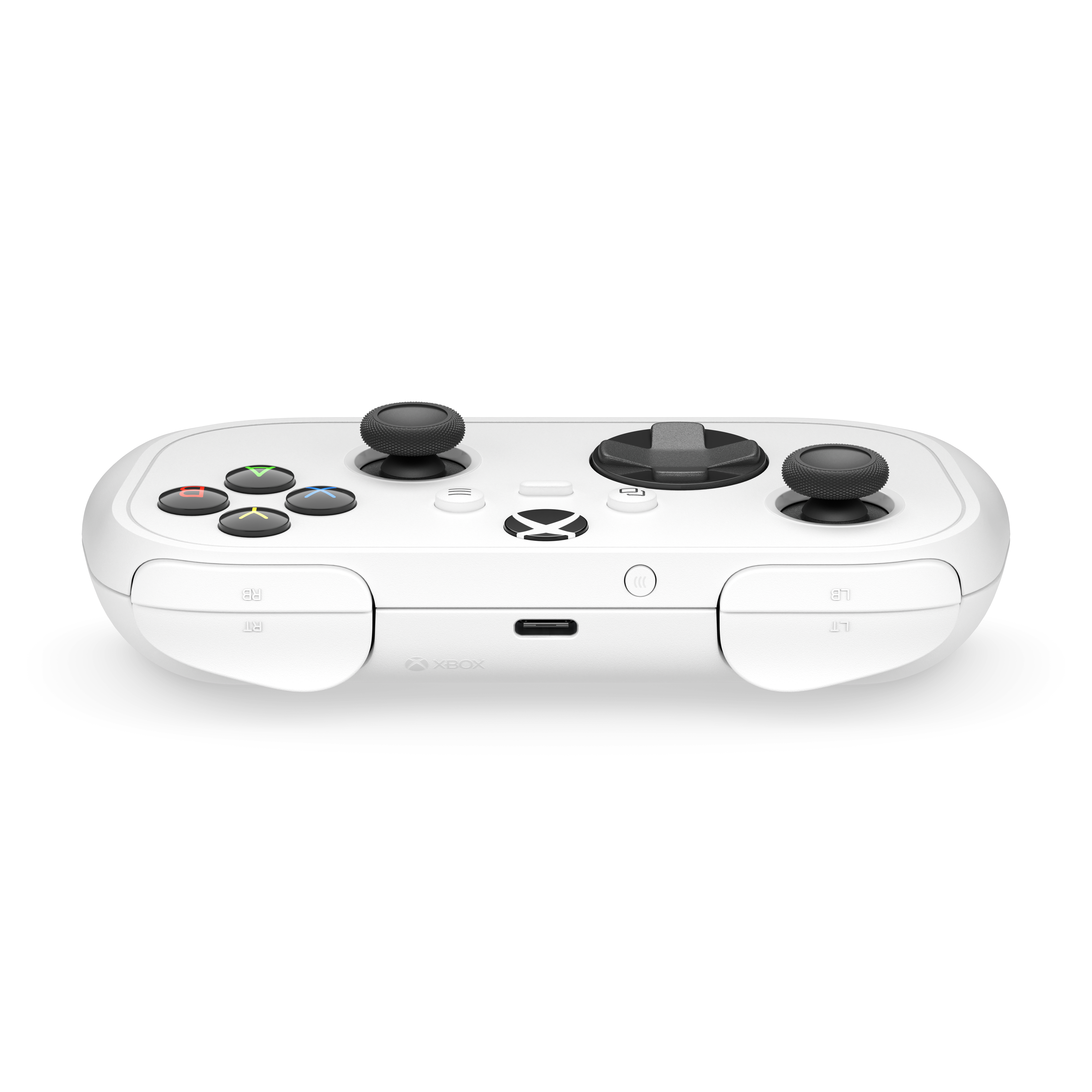 Ein weißer Xbox-Controller mit schwarzen Daumensticks und Knöpfen, gesehen von vorne mit USB-C-Anschluss.