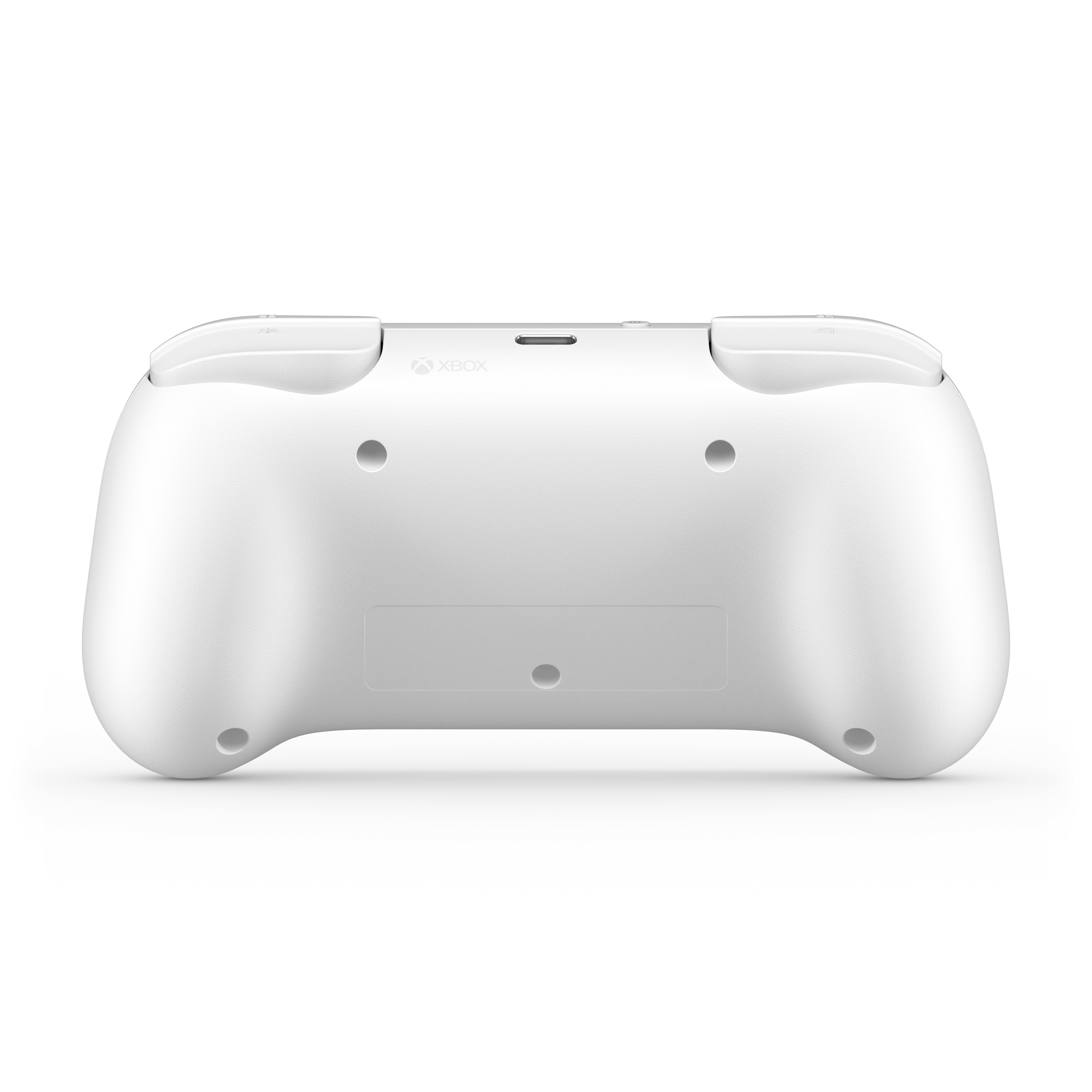Rückseite eines weißen Xbox-Controllers mit Schultertasten und USB-Anschluss.