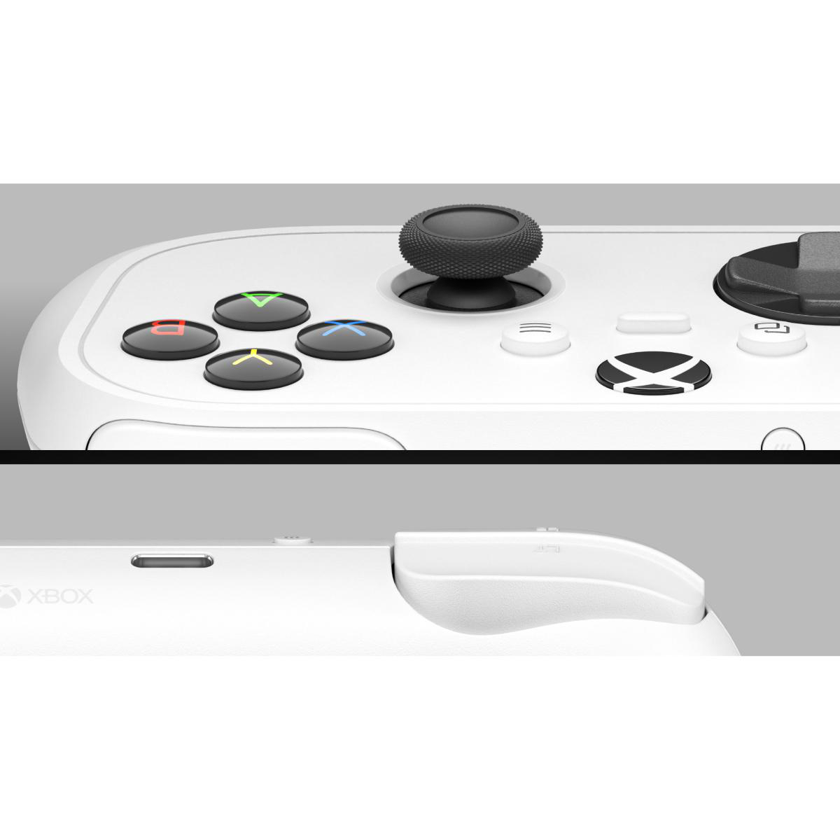 Nahaufnahme eines weißen Xbox-Controllers mit schwarzen Tasten und dem Xbox-Logo.