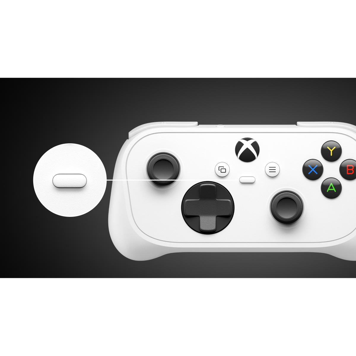 Weisser Xbox-Controller mit hervorgehobenem Analogstick in einer runden Lupe.