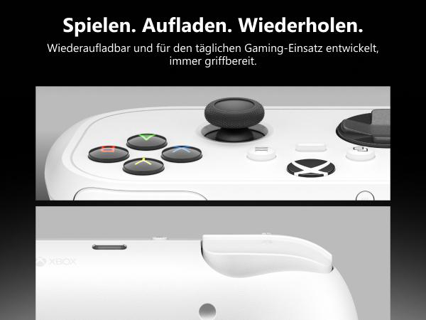 Nahaufnahme eines weissen Xbox-Controllers mit kartenfarbenen Tasten und Schultertaste.
