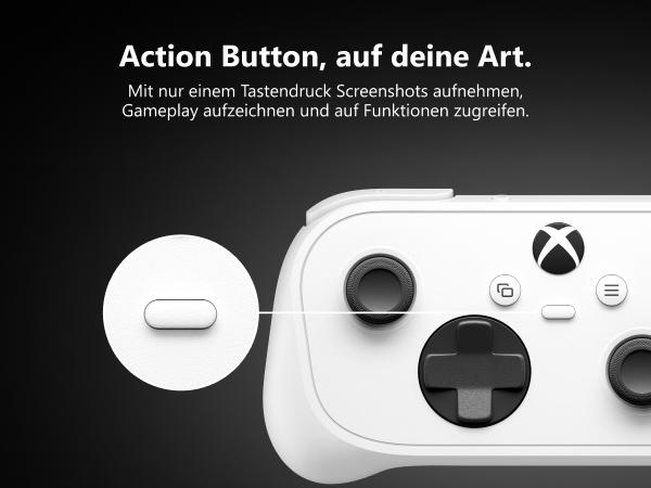 Ein weißer Xbox-Controller zeigt den neuen Action-Button mit deutscher Beschreibung.