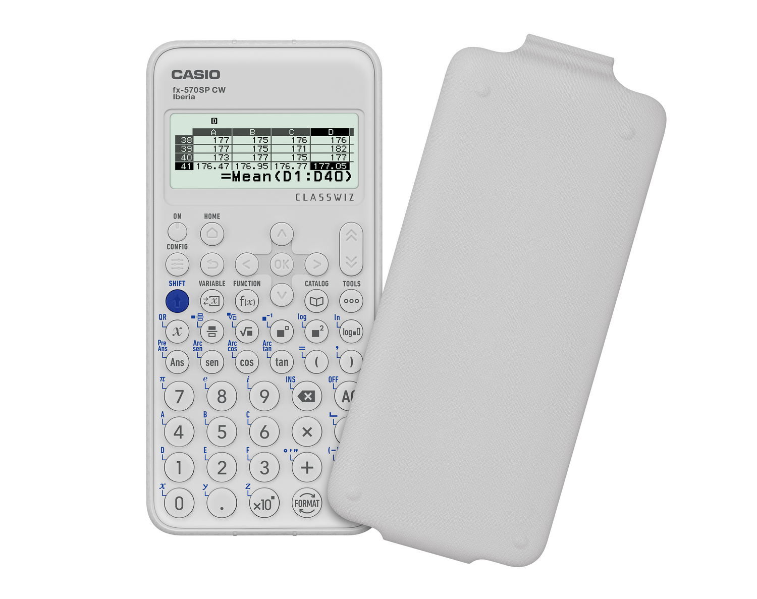 Calculadora científica Casio fx-570SP CW junto a su funda protectora gris.