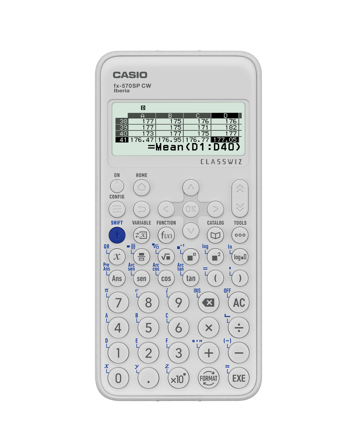 Una calculadora científica blanca Casio fx-570SP CW muestra una tabla de datos y Mean.