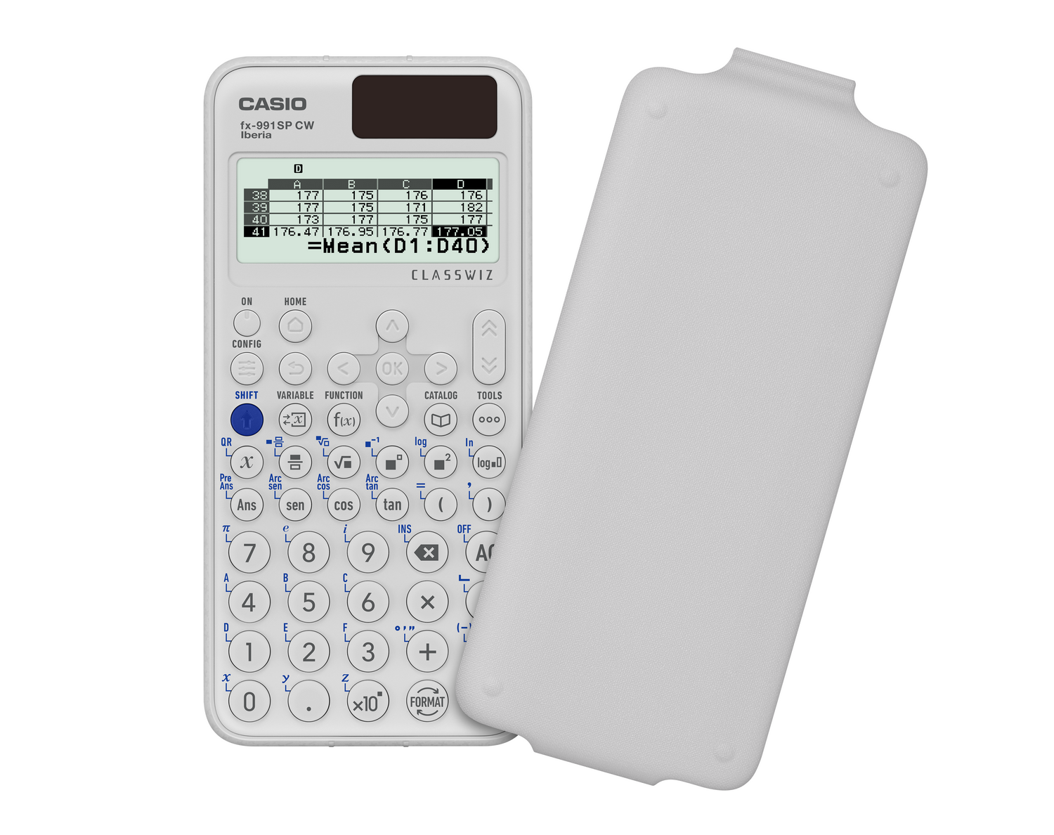 Una calculadora blanca Casio fx-991SP CW con pantalla y tapa separada sobre fondo blanco.