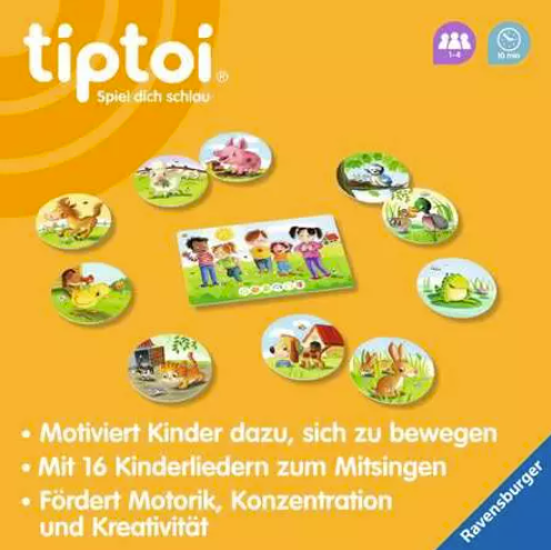 Tiptoi-Spielverpackung mit gelbem Hintergrund, Tiermotiven, Kindern und Text über Kinderlieder und Motorik.
