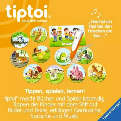 Tiptoi-Stift und bunte Bildkarten mit Tieren auf gelbem Hintergrund.