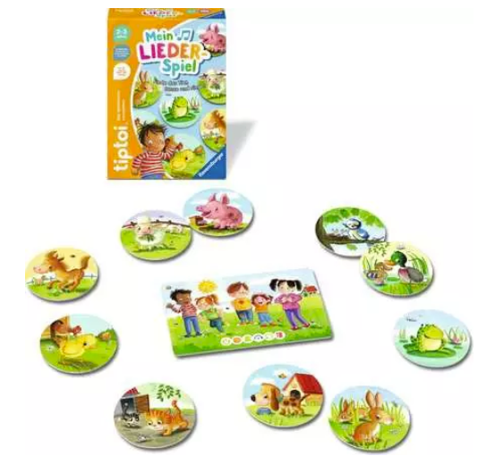 Tiptoi-Liederspiel-Box mit Spielbrett und runden Tiermarken.