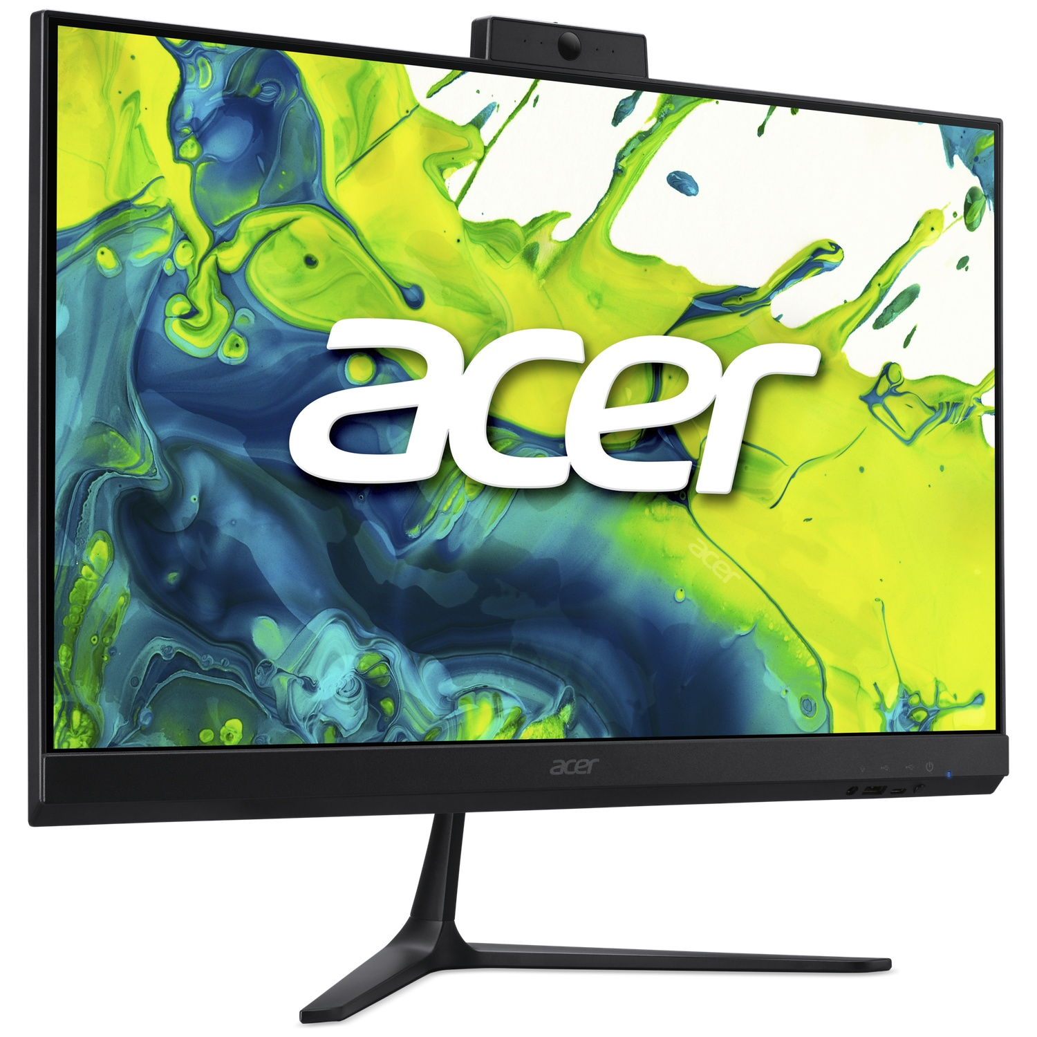 A black Acer monitor with a sleek stand and a colorful green and blue abstract wallpaper on a white background.