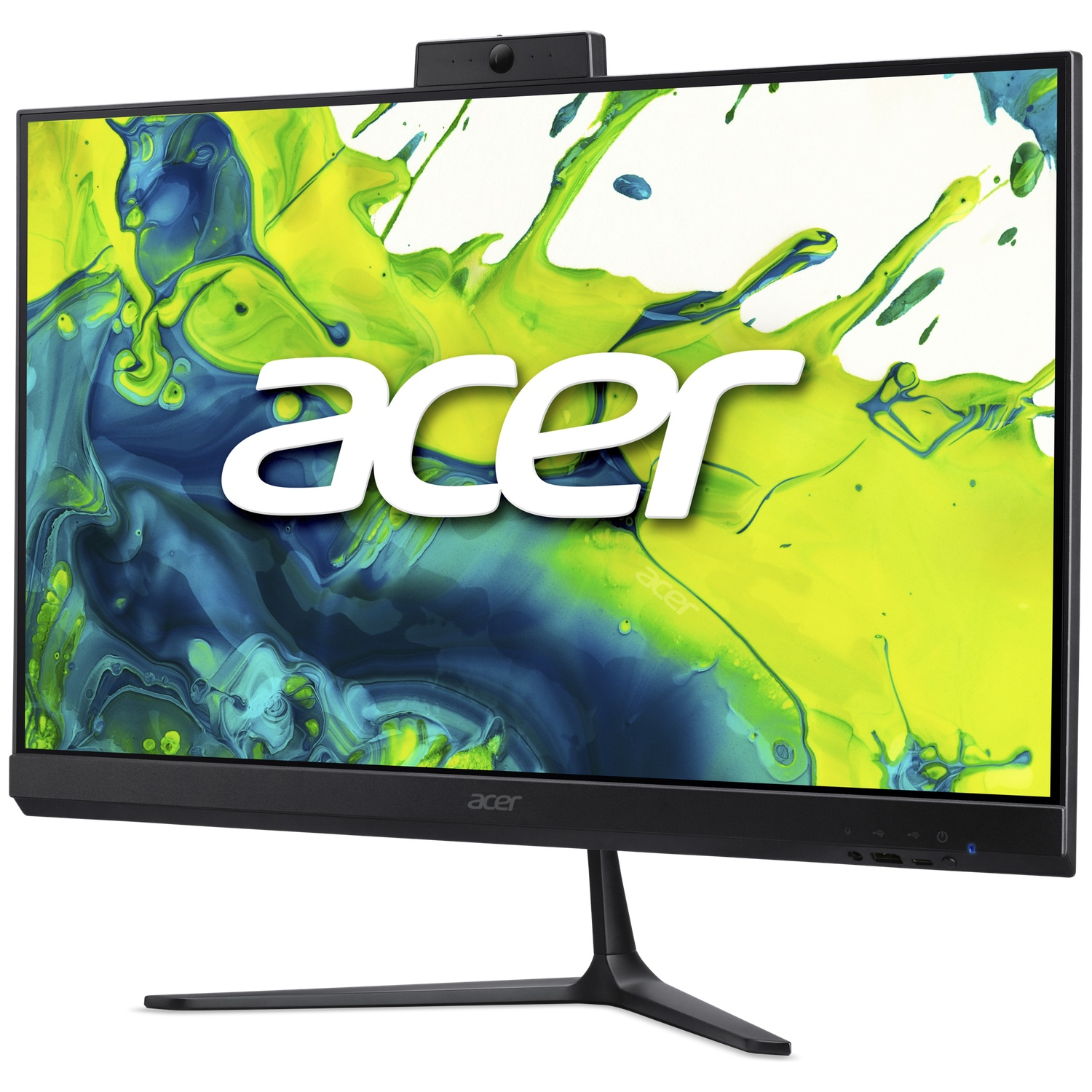 A black Acer monitor with thin bezels, a top webcam, and a colorful paint splash wallpaper.