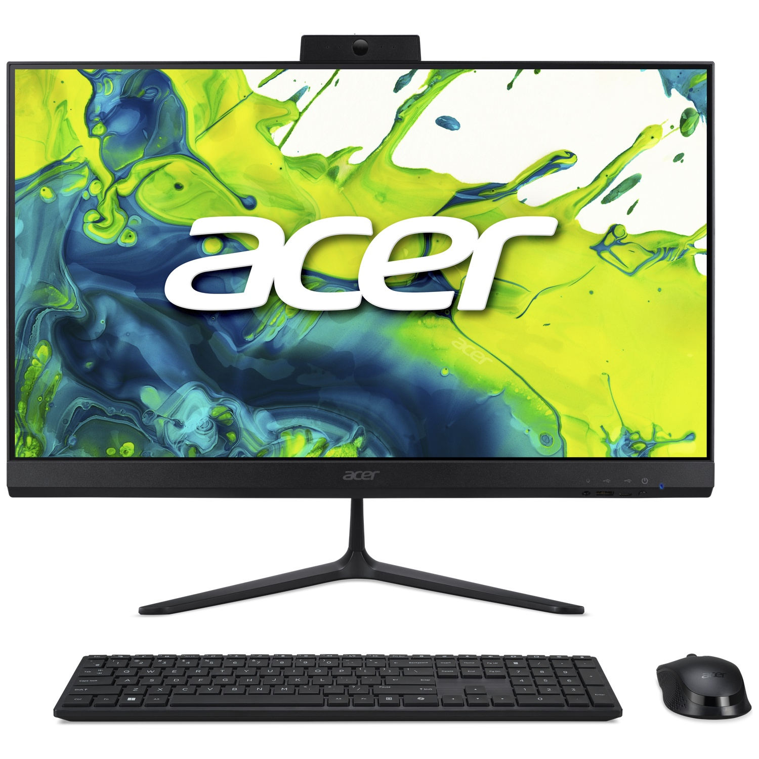A black Acer all-in-one desktop computer with keyboard and mouse on a white background.