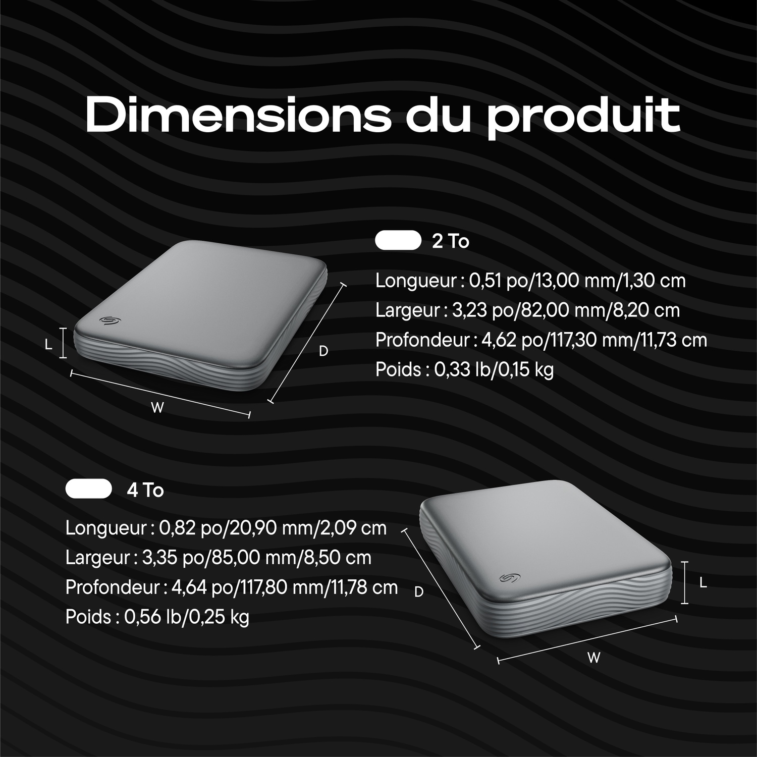 Dimensions des disques durs externes 2 To et 4 To indiquant longueur, largeur, profondeur et poids.