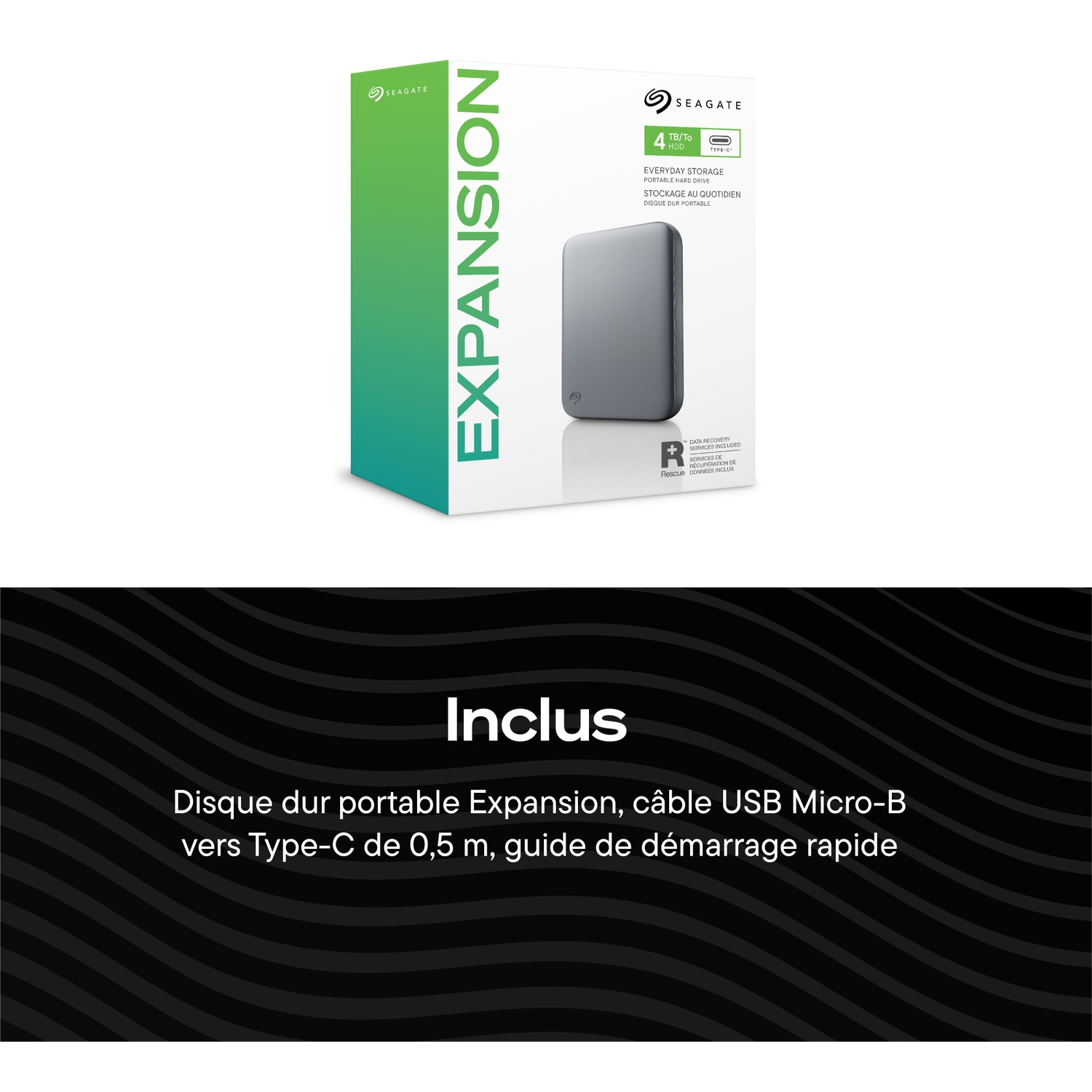 Disque dur portable Seagate Expansion 4 To en boîte, avec câble USB et guide.