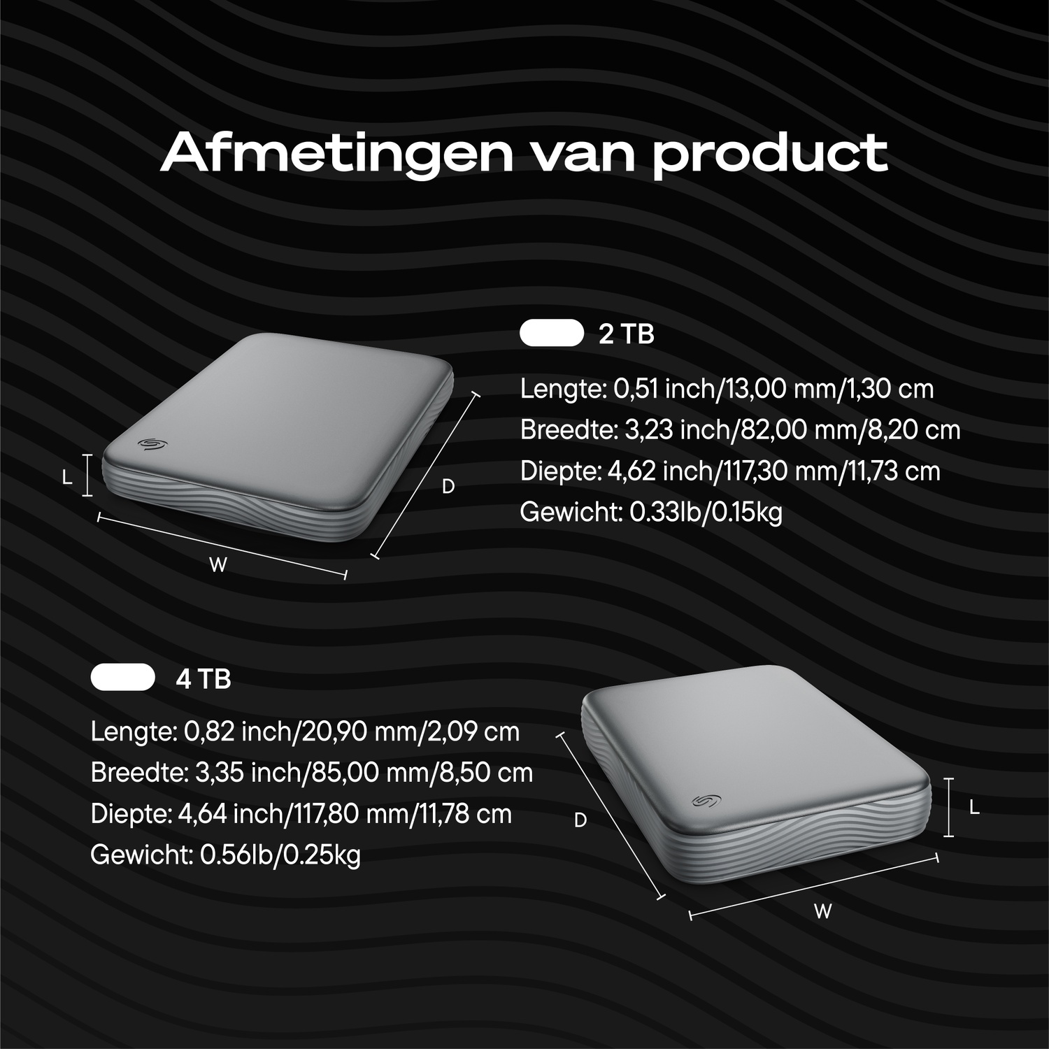 Diagram showing the dimensions and weights of 2TB and 4TB external hard drives.
