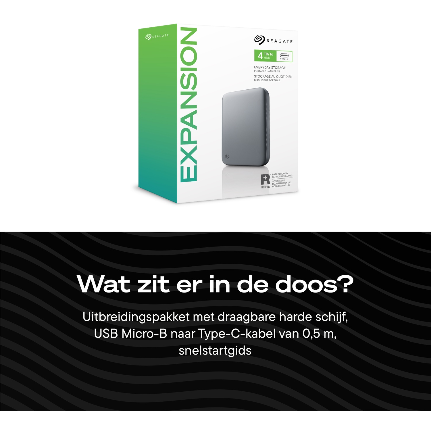 Seagate Expansion portable hard drive box with Dutch text asking what is inside and listing contents.